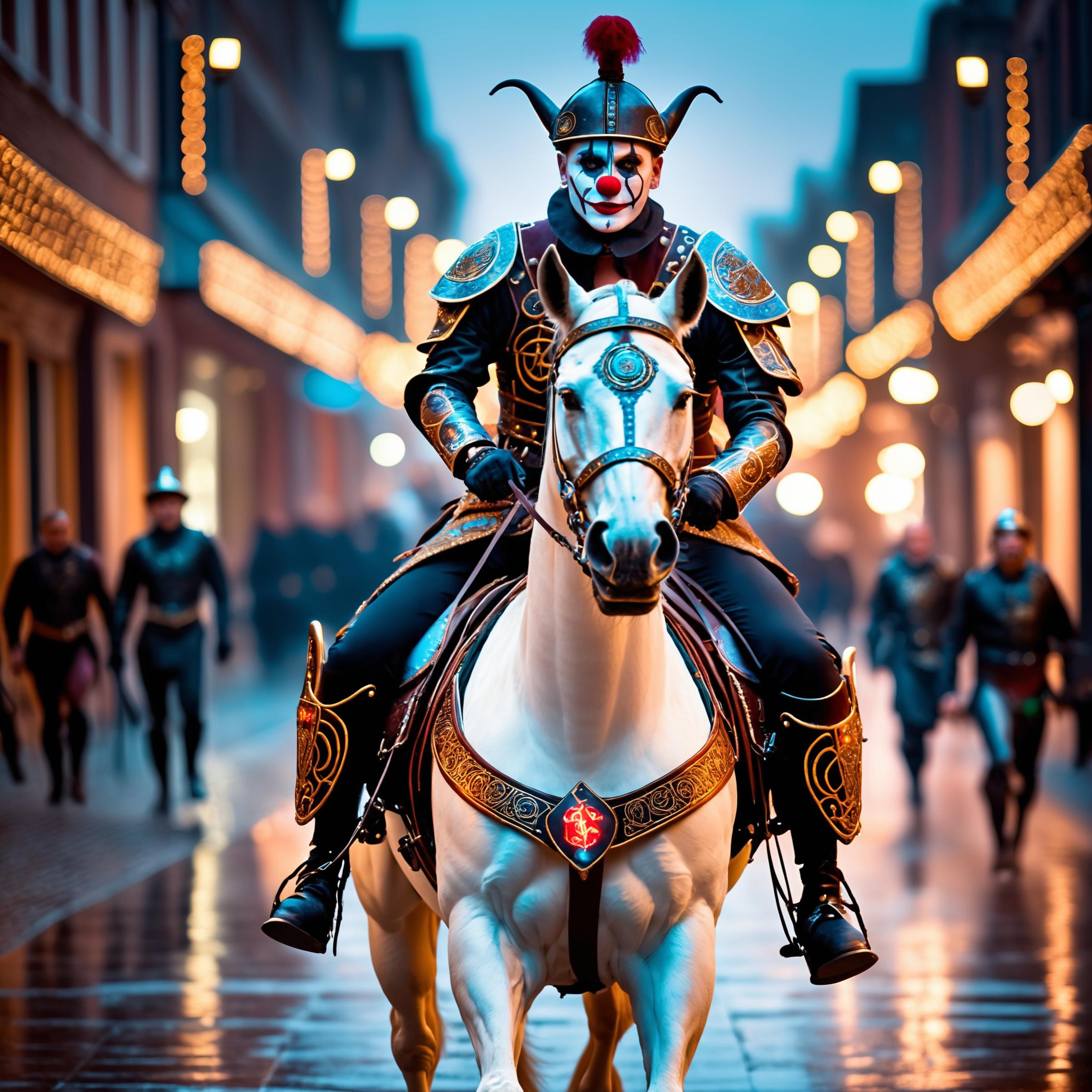 cinestill of a horror clown is riding a viking horse, horse armor, runes, knotwork, neon, cyberpunk city, victorian outfit...